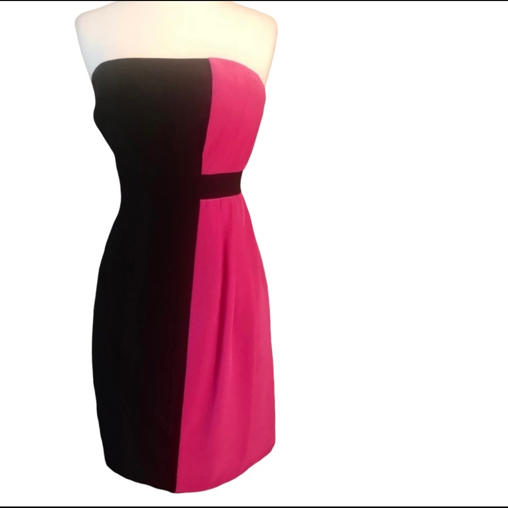 Tibi New York Colorblock Strapless Pink & Black Silk Mini Dress, Size 8